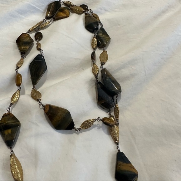 Tiger’s Eye Stone Beaded Statement Gold Tone Necklace - Picture 8 of 10